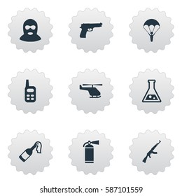 Set Of 9 Simple Army Icons. Can Be Found Such Elements As Pistol, Molotov, Kalashnikov And Other.