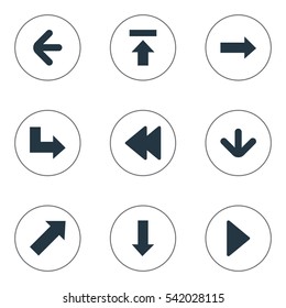 Set Of 9 Simple Arrows Icons. Can Be Found Such Elements As Left Direction, Downwards Pointing, Indicator And Other.