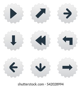 Set Of 9 Simple Arrows Icons. Can Be Found Such Elements As Downwards Pointing, Indicator, Right Direction And Other.