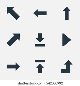 Set Of 9 Simple Arrows Icons. Can Be Found Such Elements As Right Direction, Let Down, Upward Direction And Other.