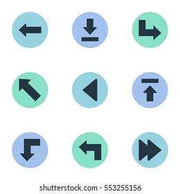 Set Of 9 Simple Arrows Icons. Can Be Found Such Elements As Pointer, Reduction, Let Down And Other.