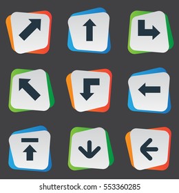Set Of 9 Simple Arrows Icons. Can Be Found Such Elements As Pointer, Left Direction, Upward Direction And Other.