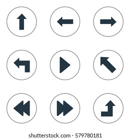 Set Of 9 Simple Arrows Icons. Can Be Found Such Elements As Upward Direction, Increasing, Right Direction And Other.