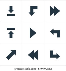 Set Of 9 Simple Arrows Icons. Can Be Found Such Elements As Pointer, Indicator, Let Down And Other.