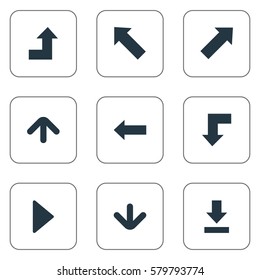 Set Of 9 Simple Arrows Icons. Can Be Found Such Elements As Upward Direction, Let Down, Indicator And Other.