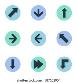 Set Of 9 Simple Arrows Icons. Can Be Found Such Elements As Downwards Pointing, Left Direction, Reduction And Other.