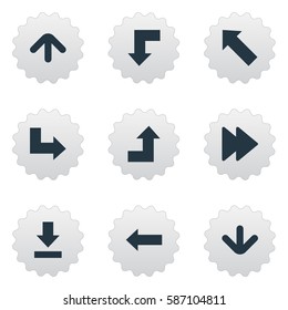 Set Of 9 Simple Arrows Icons. Can Be Found Such Elements As Downwards Pointing, Pointer, Let Down And Other.