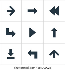 Set Of 9 Simple Arrows Icons. Can Be Found Such Elements As Upward Direction, Pointer, Right Direction And Other.