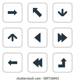 Set Of 9 Simple Arrows Icons. Can Be Found Such Elements As Right Direction, Left Direction, Downwards Pointing And Other.