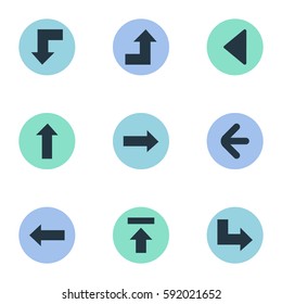 Set Of 9 Simple Arrows Icons. Can Be Found Such Elements As Right Direction, Left Direction, Increasing And Other.