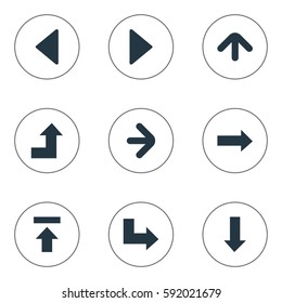 Set Of 9 Simple Arrows Icons. Can Be Found Such Elements As Increasing, Right Direction, Pointer And Other.