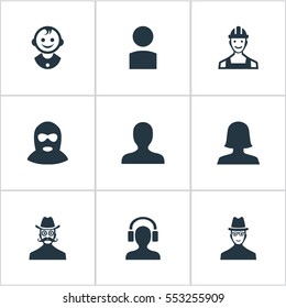 Set Of 9 Simple Avatar Icons. Can Be Found Such Elements As Young Shaver, Spy, Felon And Other.