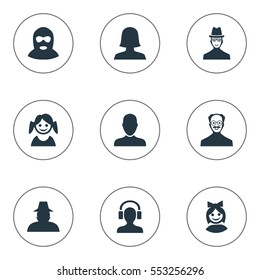 Set Of 9 Simple Avatar Icons. Can Be Found Such Elements As Felon, Little Girl, Job Man And Other.