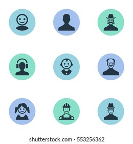 Set Of 9 Simple Avatar Icons. Can Be Found Such Elements As Moustache Man, Male With Headphone, Spy And Other.