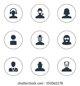 Set Of 9 Simple Avatar Icons. Can Be Found Such Elements As Whiskers Man, Insider, Male With Headphone And Other.