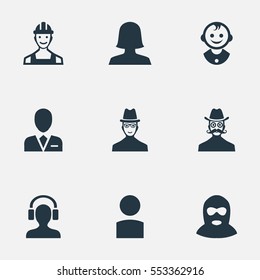 Set Of 9 Simple Avatar Icons. Can Be Found Such Elements As Moustache Man, Male With Headphone, Woman User And Other.