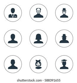 Set Of 9 Simple Avatar Icons. Can Be Found Such Elements As Workman, Spy, Woman User And Other.