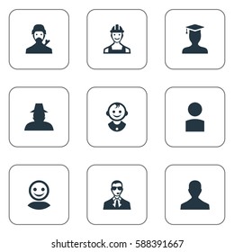 Set Of 9 Simple Avatar Icons. Can Be Found Such Elements As Proletarian, Bodyguard, Young Shaver And Other.