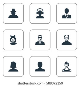 Set Of 9 Simple Avatar Icons. Can Be Found Such Elements As Woman User, Whiskers Man, Proletarian And Other.