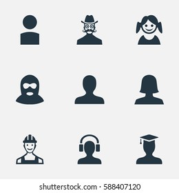 Set Of 9 Simple Avatar Icons. Can Be Found Such Elements As Woman User, Moustache Man, Proletarian And Other.
