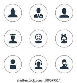 Set Of 9 Simple Avatar Icons. Can Be Found Such Elements As Male With Headphone, Internet Profile, Agent And Other.