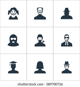 Set Of 9 Simple Avatar Icons. Can Be Found Such Elements As Spy, Whiskers Man, Mysterious Man And Other.