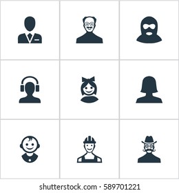 Set Of 9 Simple Avatar Icons. Can Be Found Such Elements As Whiskers Man, Moustache Man, Felon And Other.