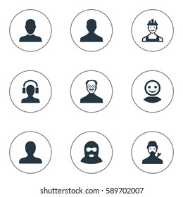 Set Of 9 Simple Avatar Icons. Can Be Found Such Elements As Felon, Male With Headphone, Portrait And Other.