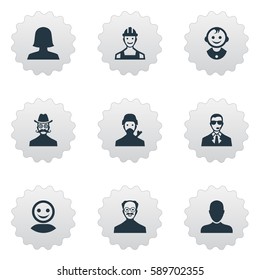 Set Of 9 Simple Avatar Icons. Can Be Found Such Elements As Moustache Man, Proletarian, Young Shaver And Other.