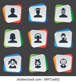 Set Of 9 Simple Avatar Icons. Can Be Found Such Elements As Moustache Man, Woman User, Little Girl And Other.