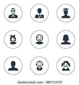 Set Of 9 Simple Avatar Icons. Can Be Found Such Elements As Little Girl, Postgraduate, Internet Profile And Other.