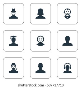 Set Of 9 Simple Avatar Icons. Can Be Found Such Elements As Young Shaver, Woman User, Male User And Other.