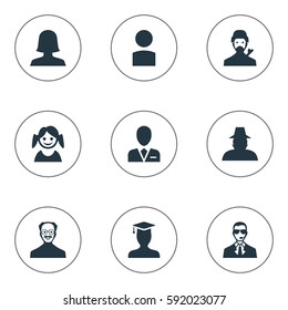 Set Of 9 Simple Avatar Icons. Can Be Found Such Elements As Workman, Bodyguard, Woman User And Other.