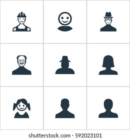 Set Of 9 Simple Avatar Icons. Can Be Found Such Elements As Portrait, Whiskers Man, Proletarian And Other.