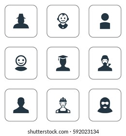 Set Of 9 Simple Avatar Icons. Can Be Found Such Elements As Postgraduate, Felon, Young Shaver And Other.