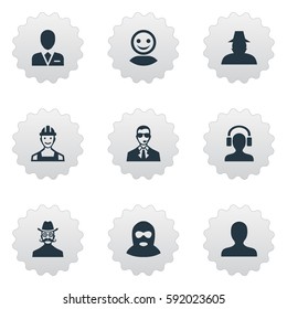 Set Of 9 Simple Avatar Icons. Can Be Found Such Elements As Moustache Man, Male With Headphone, Proletarian And Other.