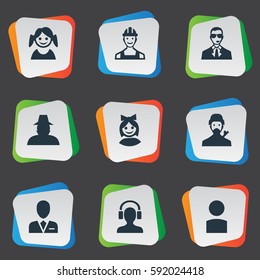 Set Of 9 Simple Avatar Icons. Can Be Found Such Elements As Insider, Male With Headphone, Workman And Other.