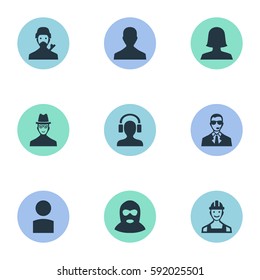 Set Of 9 Simple Avatar Icons. Can Be Found Such Elements As Bodyguard, Insider, Spy And Other.