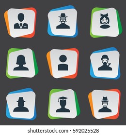 Set Of 9 Simple Avatar Icons. Can Be Found Such Elements As Insider, Woman User, Postgraduate And Other.