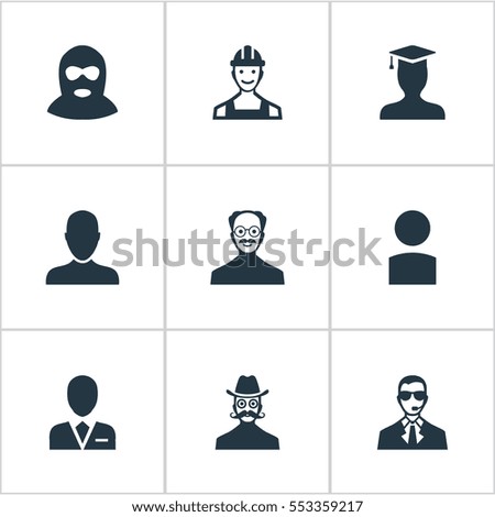 Set Of 9 Simple Avatar Icons. Can Be Found Such Elements As Job Man, Felon, Bodyguard And Other.