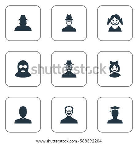 Set Of 9 Simple Avatar Icons. Can Be Found Such Elements As Felon, Whiskers Man, Postgraduate And Other.