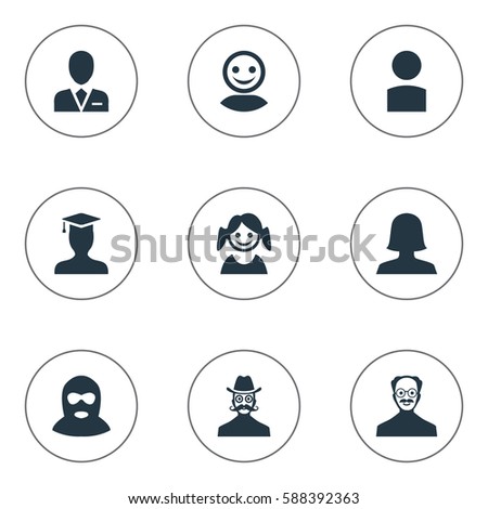 Set Of 9 Simple Avatar Icons. Can Be Found Such Elements As Moustache Man, Workman, Felon And Other.
