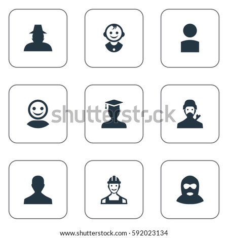 Set Of 9 Simple Avatar Icons. Can Be Found Such Elements As Postgraduate, Felon, Young Shaver And Other.