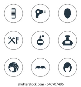 Set Of 9 Simple Barber Icons. Can Be Found Such Elements As Scent, Glamour Lady, Human And Other.