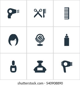 Set Of 9 Simple Barber Icons. Can Be Found Such Elements As Hair, Hackle, Container And Other.