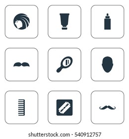 Set Of 9 Simple Barber Icons. Can Be Found Such Elements As Beard, Hackle, Human And Other.