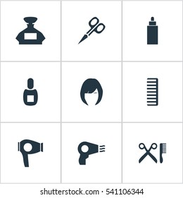 Set Of 9 Simple Barber Icons. Can Be Found Such Elements As Scent, Container, Drying Machine And Other.