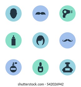 Set Of 9 Simple Barber Icons. Can Be Found Such Elements As Whiskers, Beard, Container And Other.