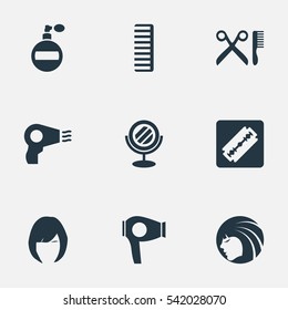 Set Of 9 Simple Barber Icons. Can Be Found Such Elements As Hackle, Drying Machine, Glamour Lady And Other.