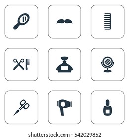 Set Of 9 Simple Barber Icons. Can Be Found Such Elements As Reflector, Hackle, Flask And Other.